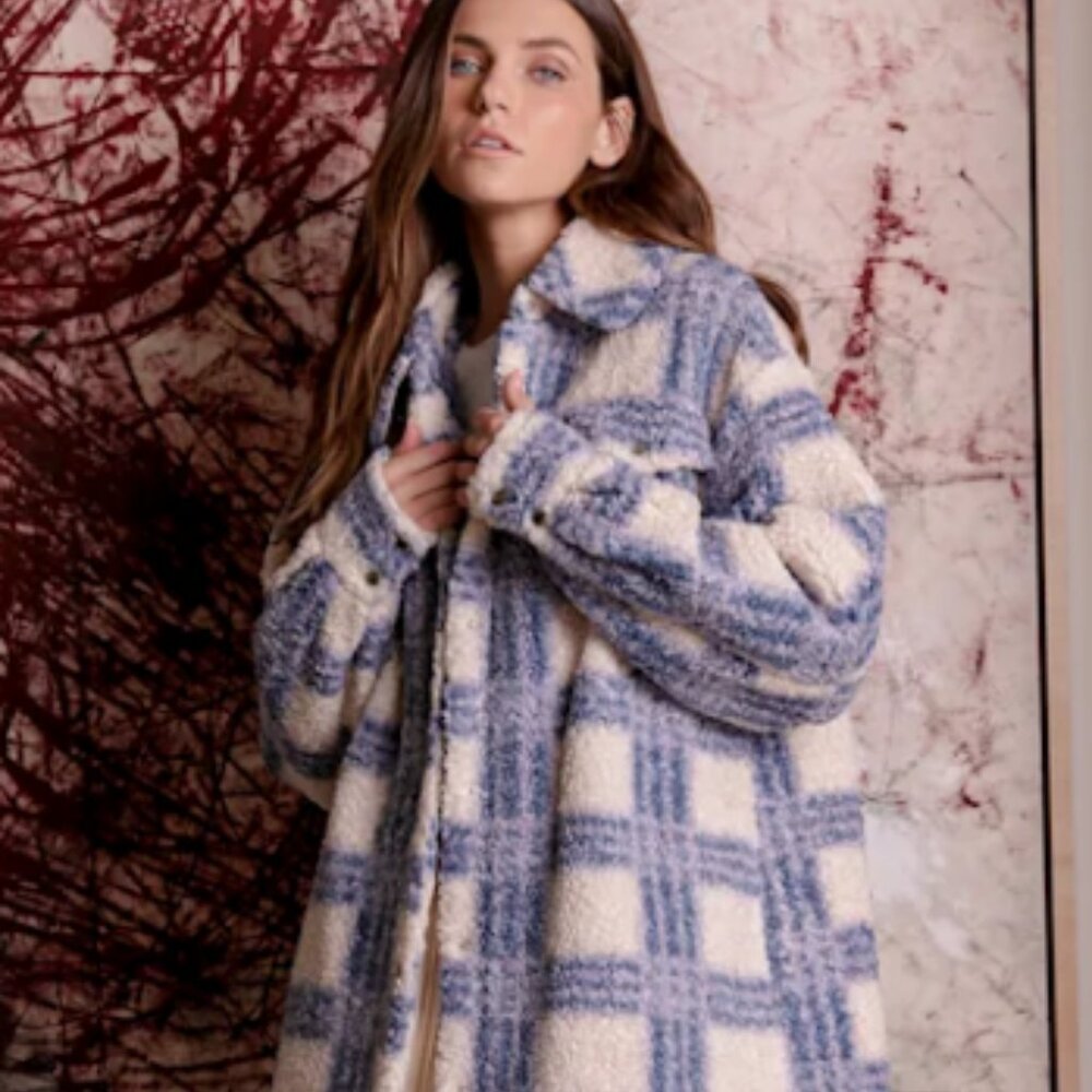 Lulus Winter Winds Blue Plaid Teddy Shearling Jacket Small - Picture 2 of 11